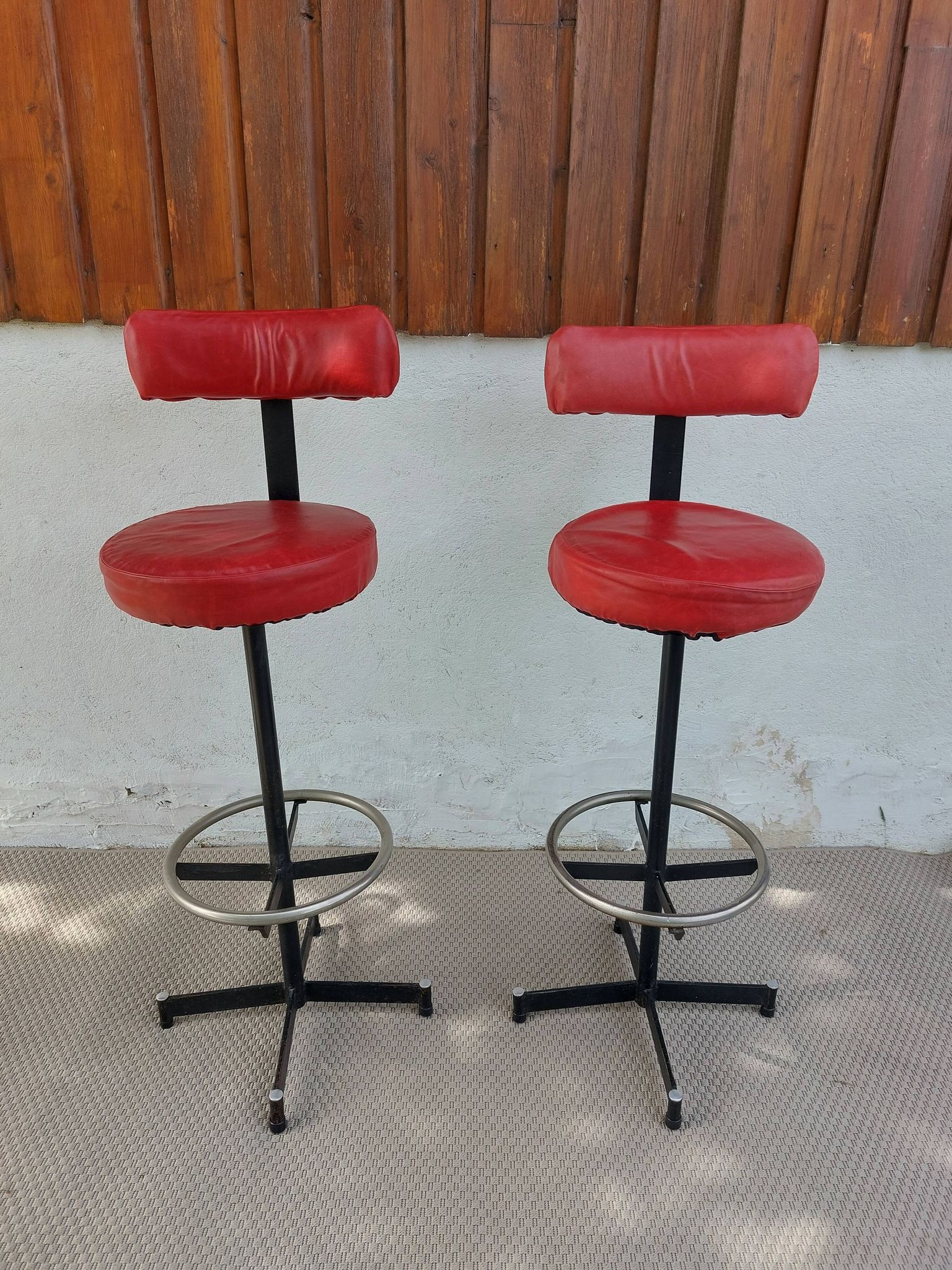 pair of high stools, leather, vintage, industrial