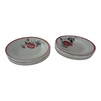 12 plates style Badonviller PUB Regal red flower old faience