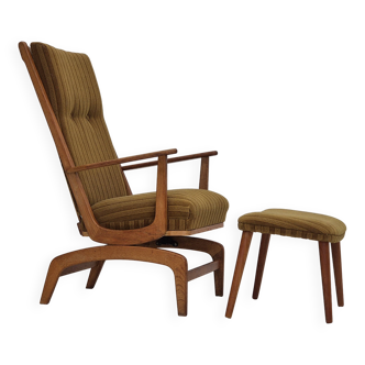 Années 1960, design danois, chaise à bascule en bois de chêne avec repose-pieds, meuble en laine, état d'origine.