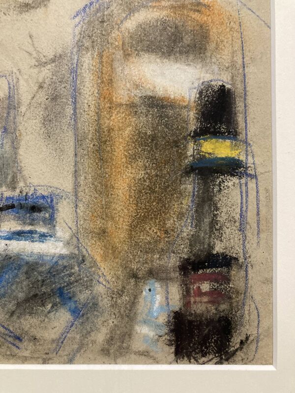 Alfred Gaspart (1900-1993), ''Les Bouteilles'' Nature morte cubiste, dessin au crayon et pastel gras