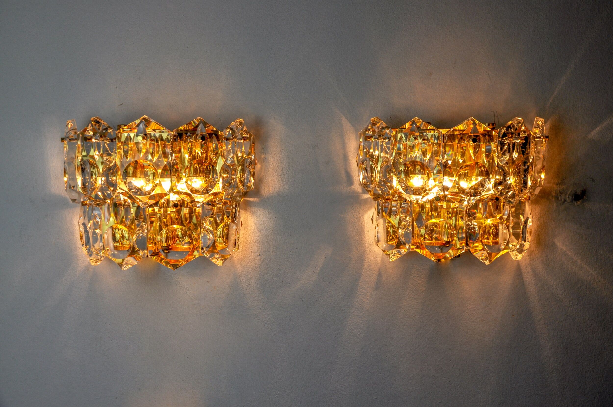 Pair of kinkeldey wall lamps, 2 levels, cut crystals germany, 1970