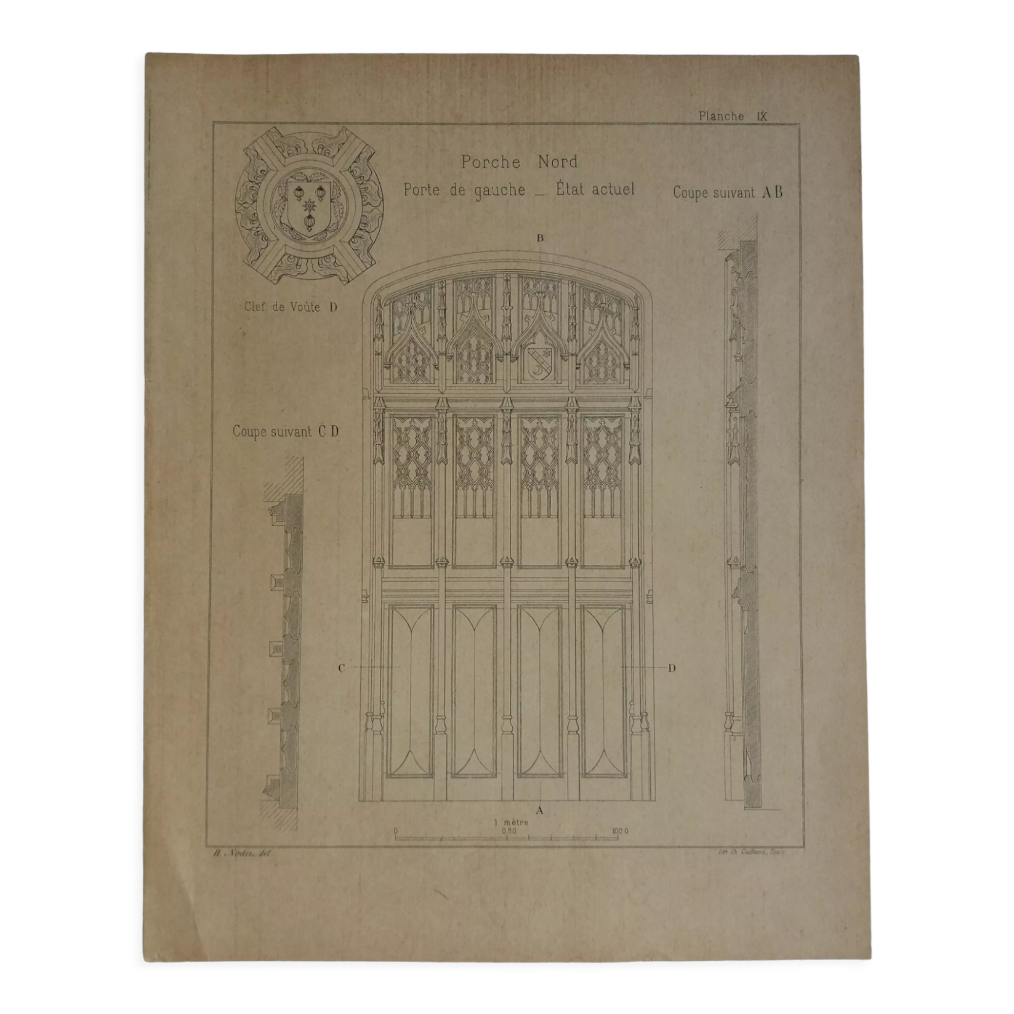 Ancient lithograph architecture detail of the porch of a church