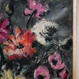 Ancienne huile sur toile, bouquet de fleurs, encadrement de style montmartre