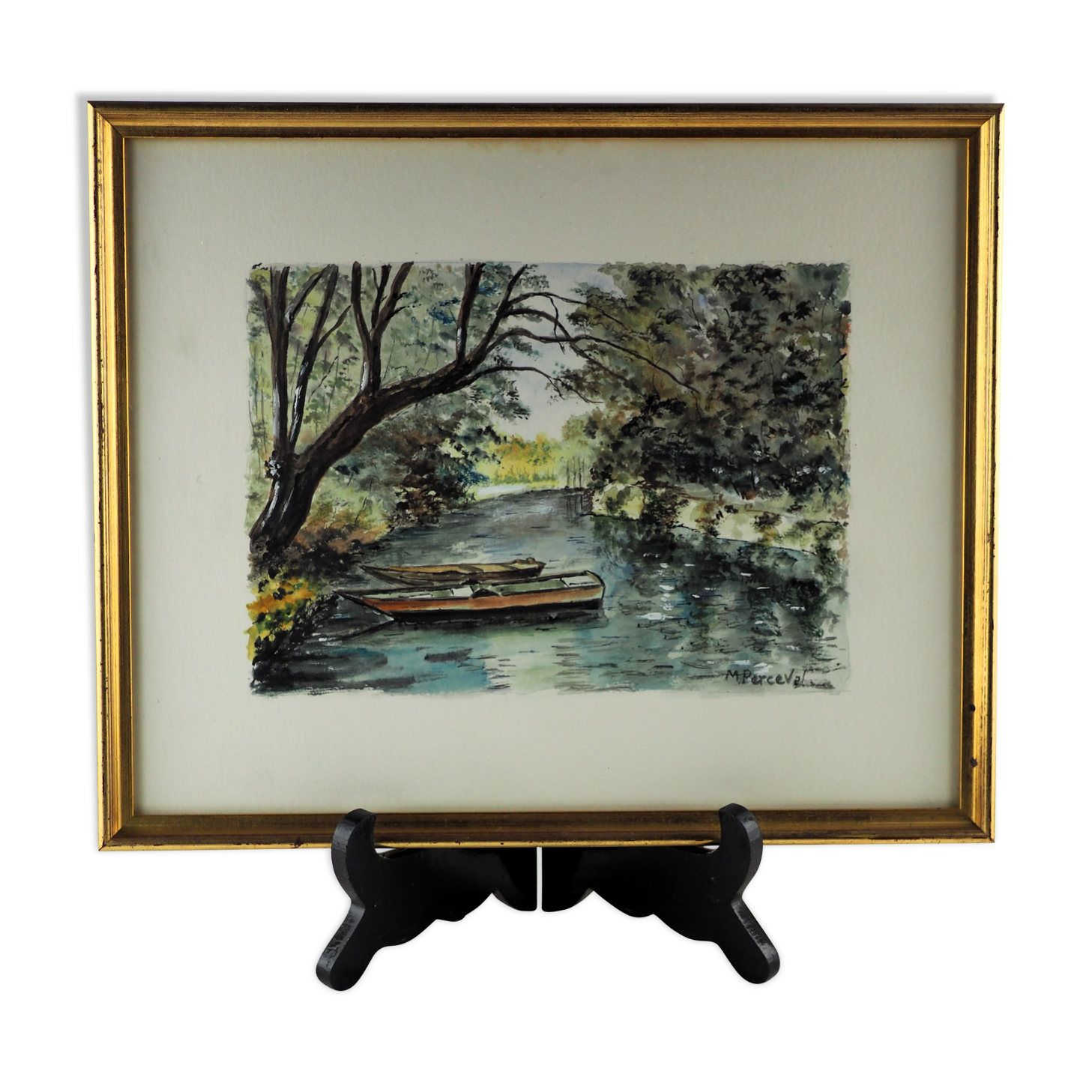 River and its two boats overlooked by a falling willow - Monique Perceval