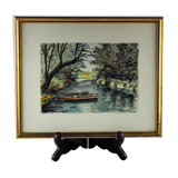 River and its two boats overlooked by a falling willow - Monique Perceval