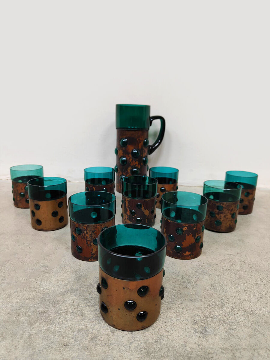 Vintage copper base bubble glass vase & glasses Nanny Still Raak