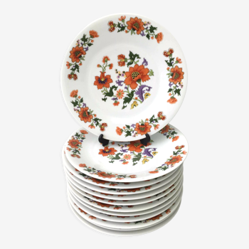 12 assiettes plates porcelaine aux œillets d’Inde