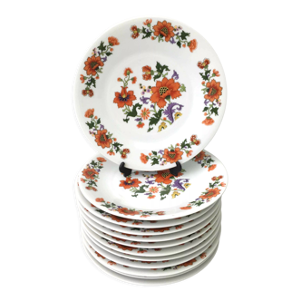 12 flat porcelain plates with marigold carnations