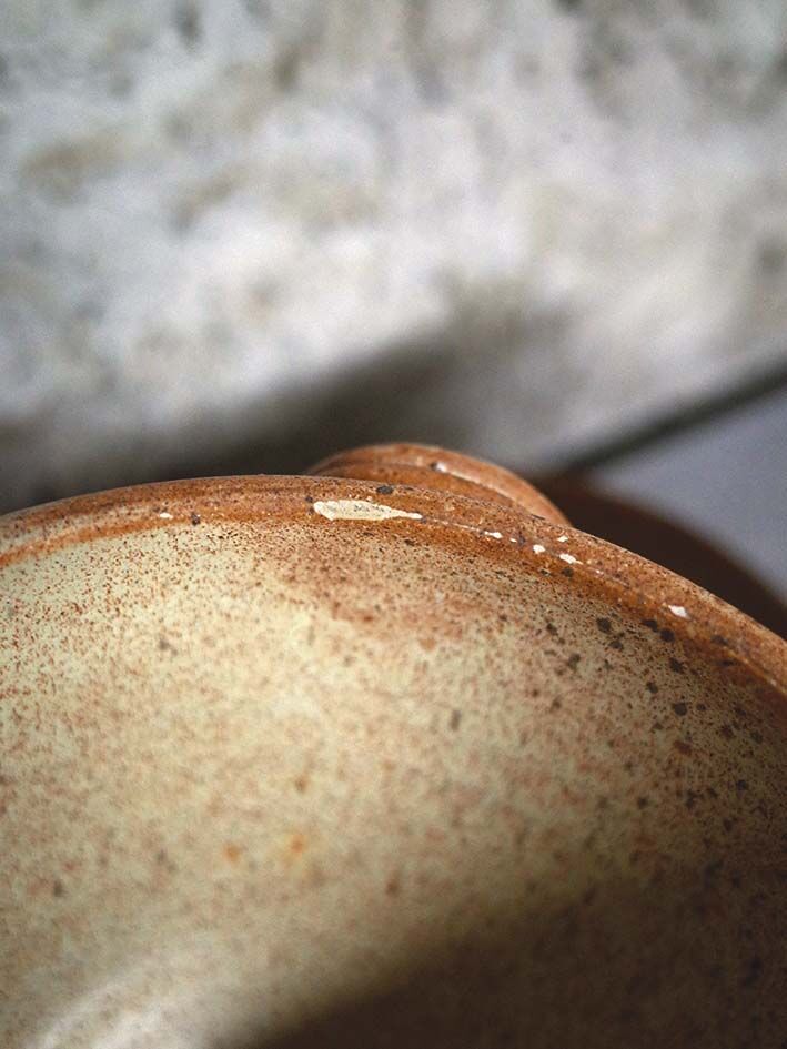 Set of 5 large sandstone bowls signed