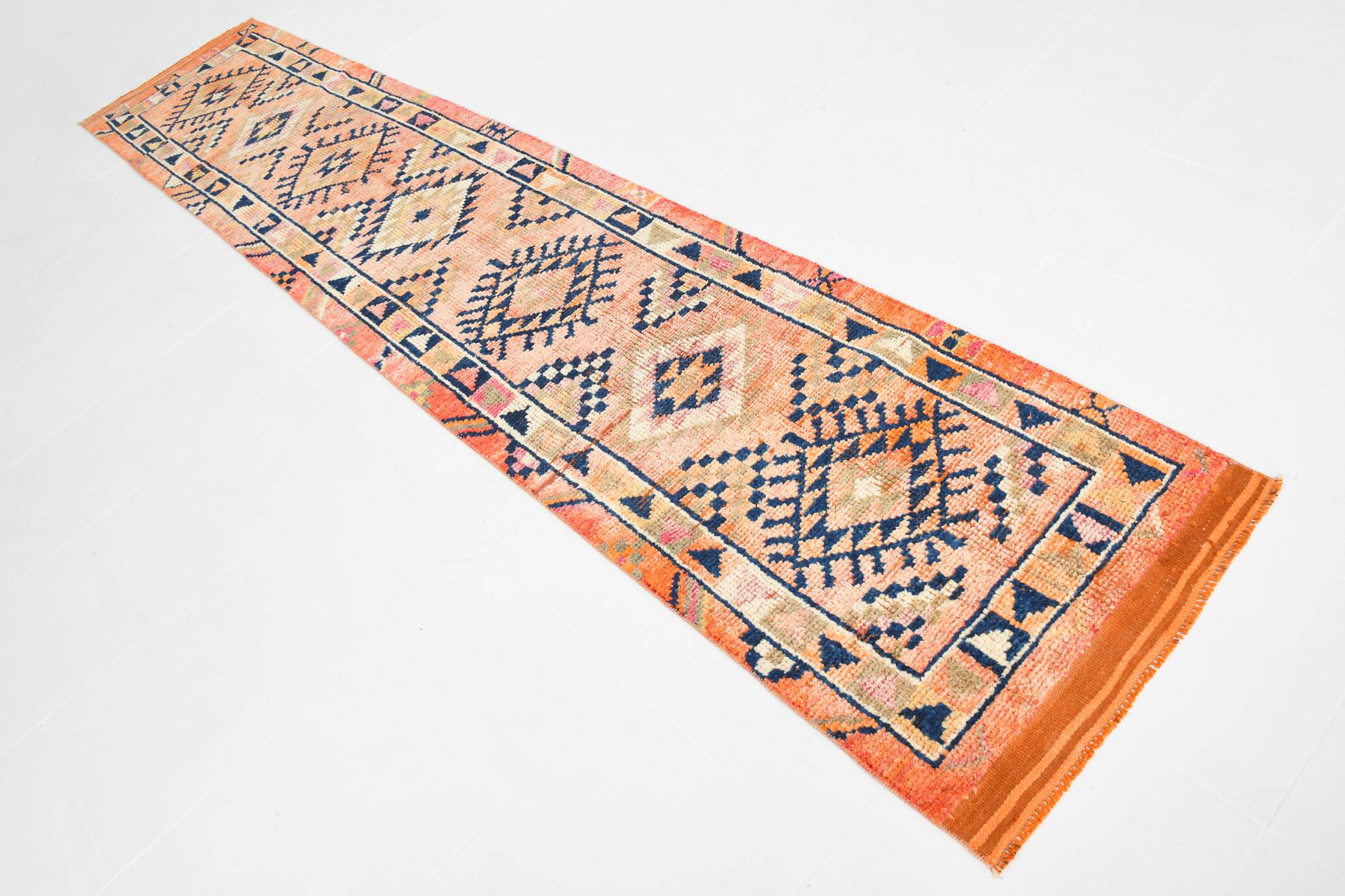 Navy Blue & Orange Vintage Runner Rug, 79x395Cm