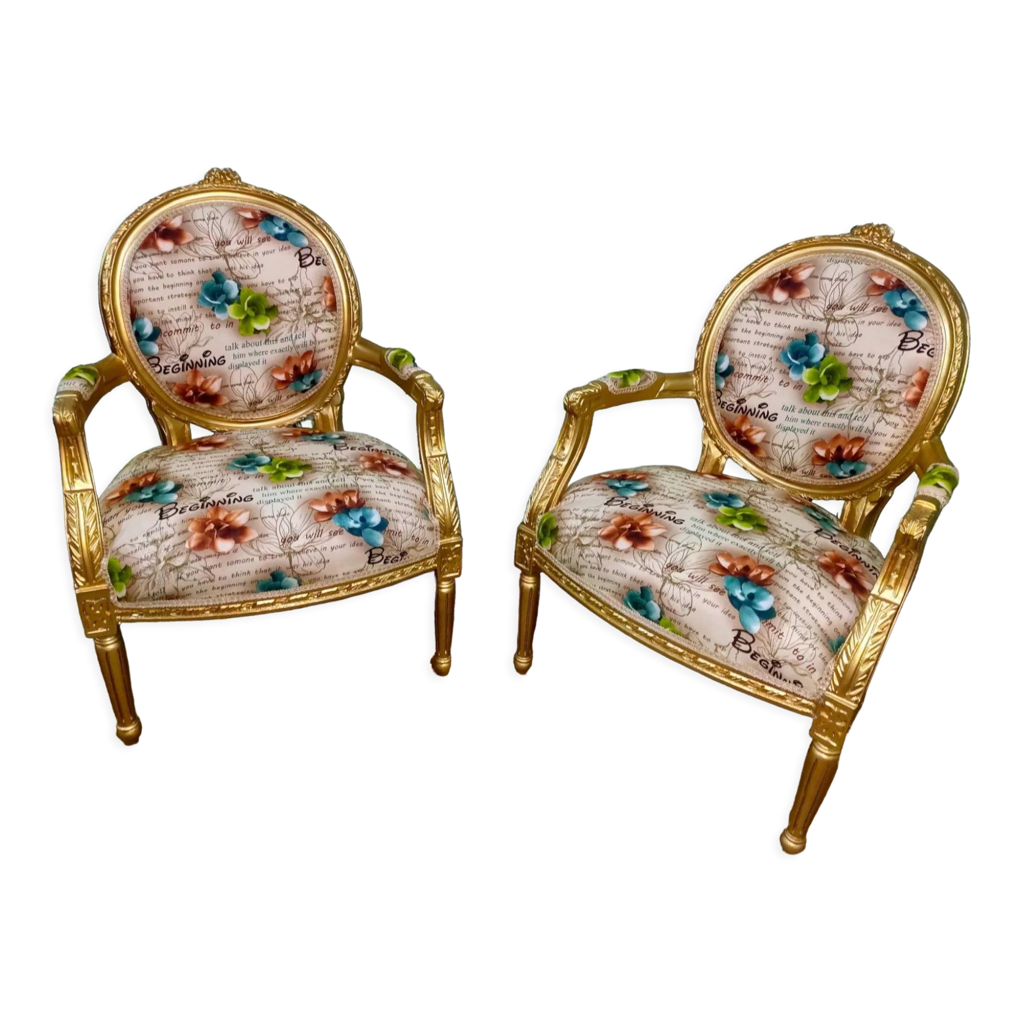 Pair of armchairs Louis XV style printed flower