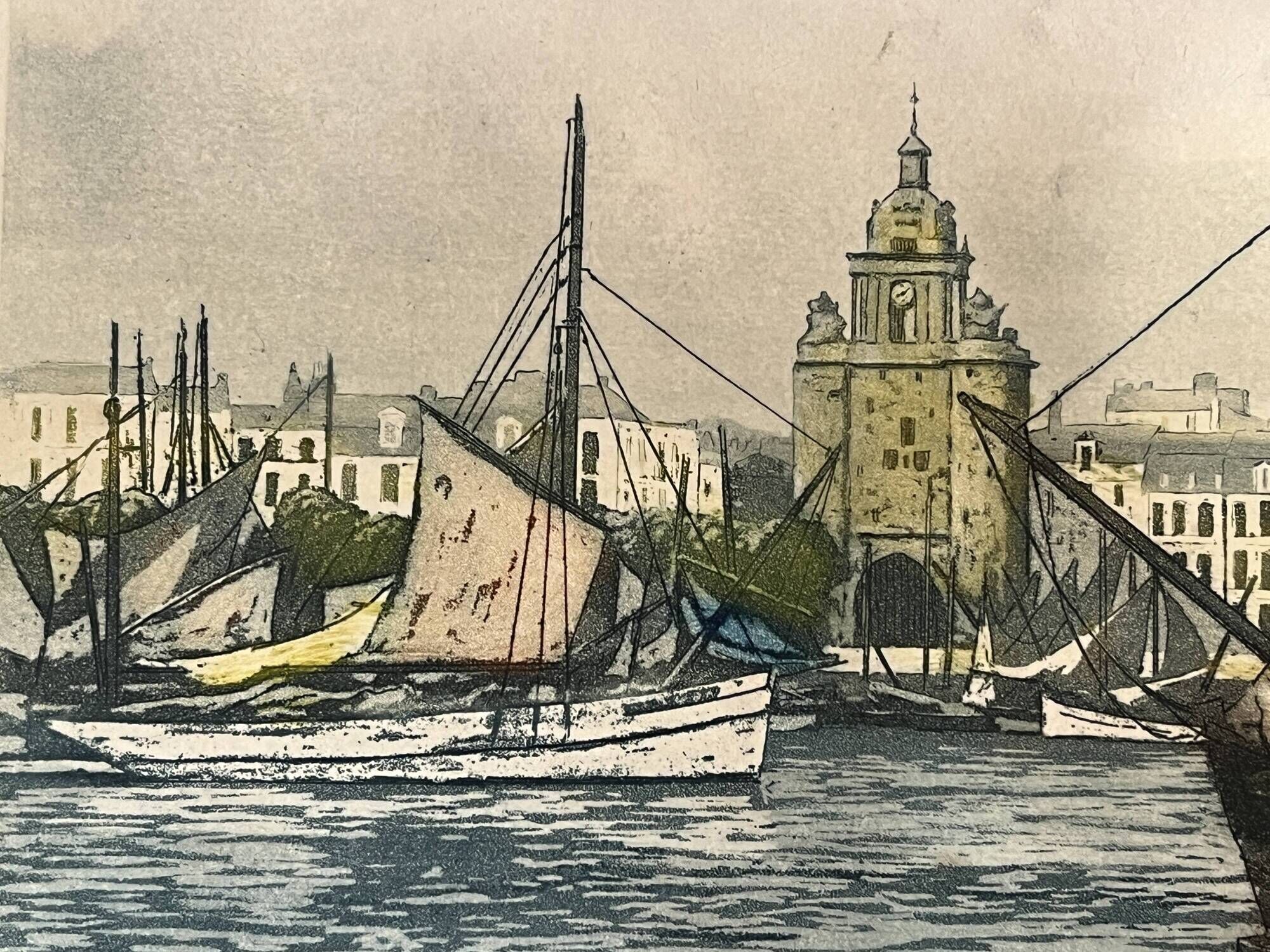 Frédéric Louis Levé, Aquatint Port of La Rochelle framed late 19th century