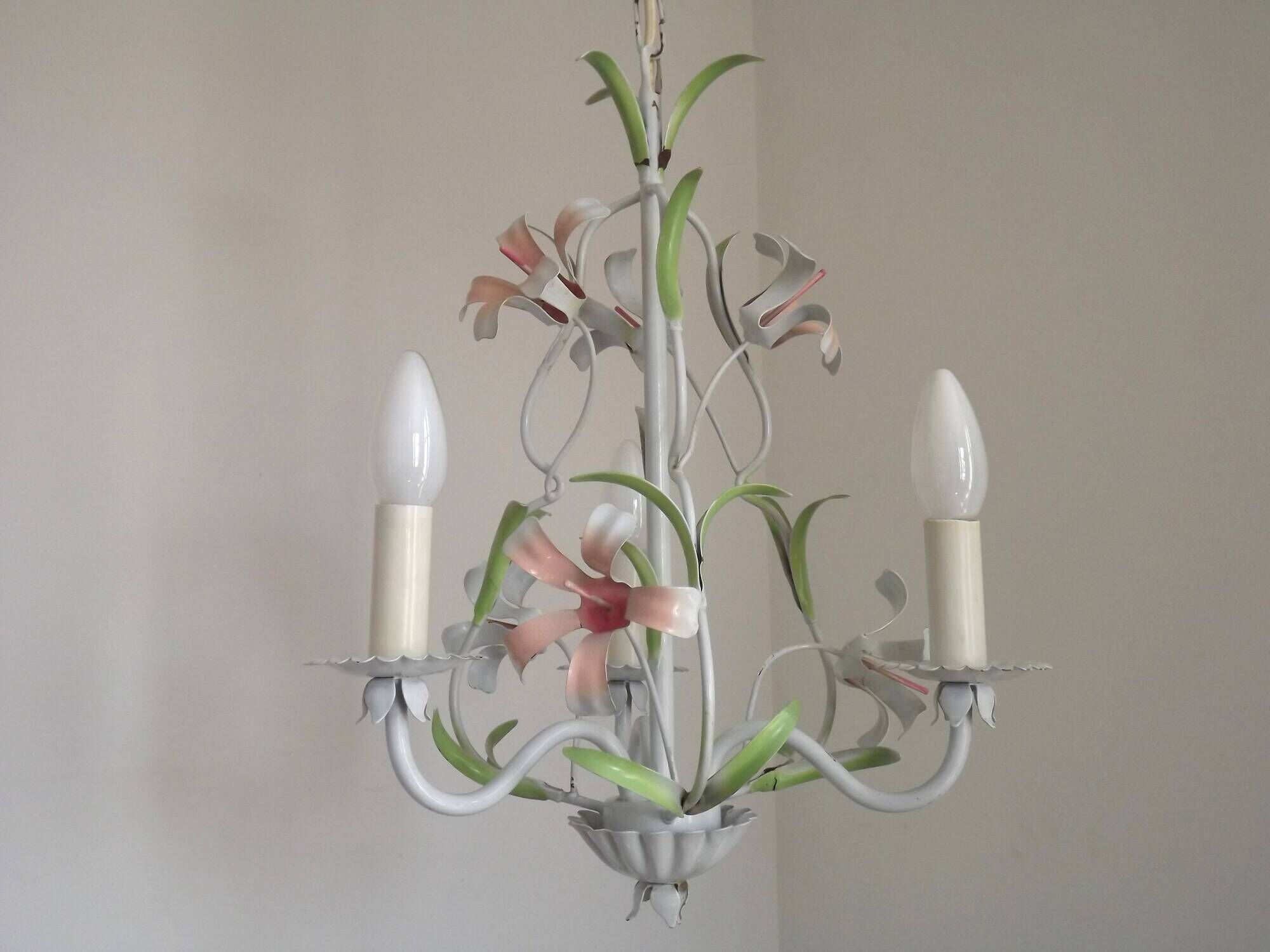 French Vintage 3 Light Pink Lily Flower Cage Style Metal Chandelier 5470