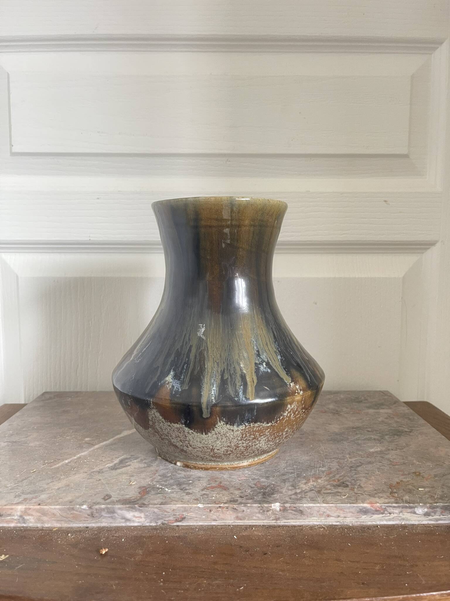 Old Vase Pot ATELIER ART LABREC Glazed Stoneware Green Brown France Pottery
