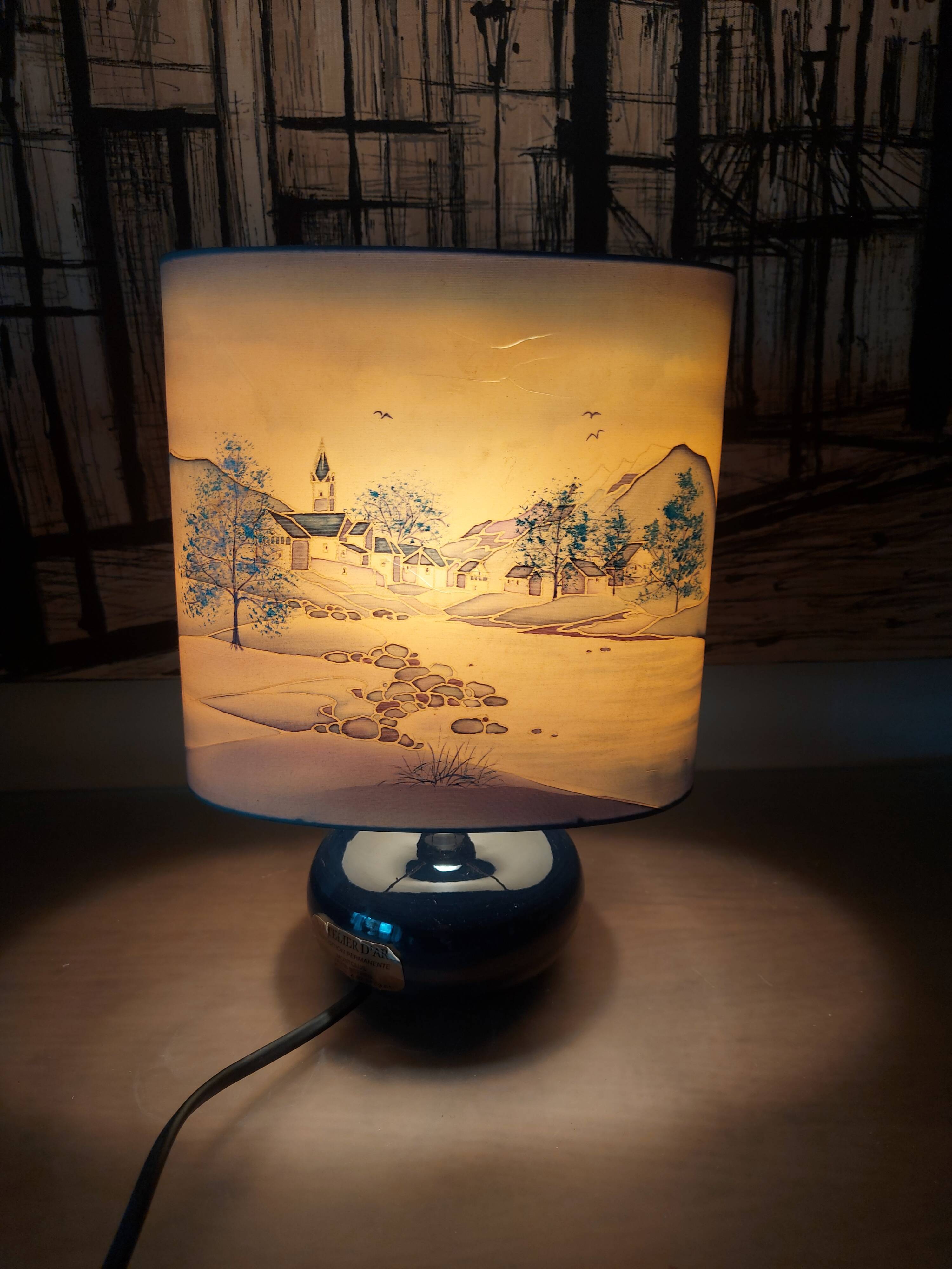 Ceramic lamp, Montclus art workshop, silk lampshade, hand painted