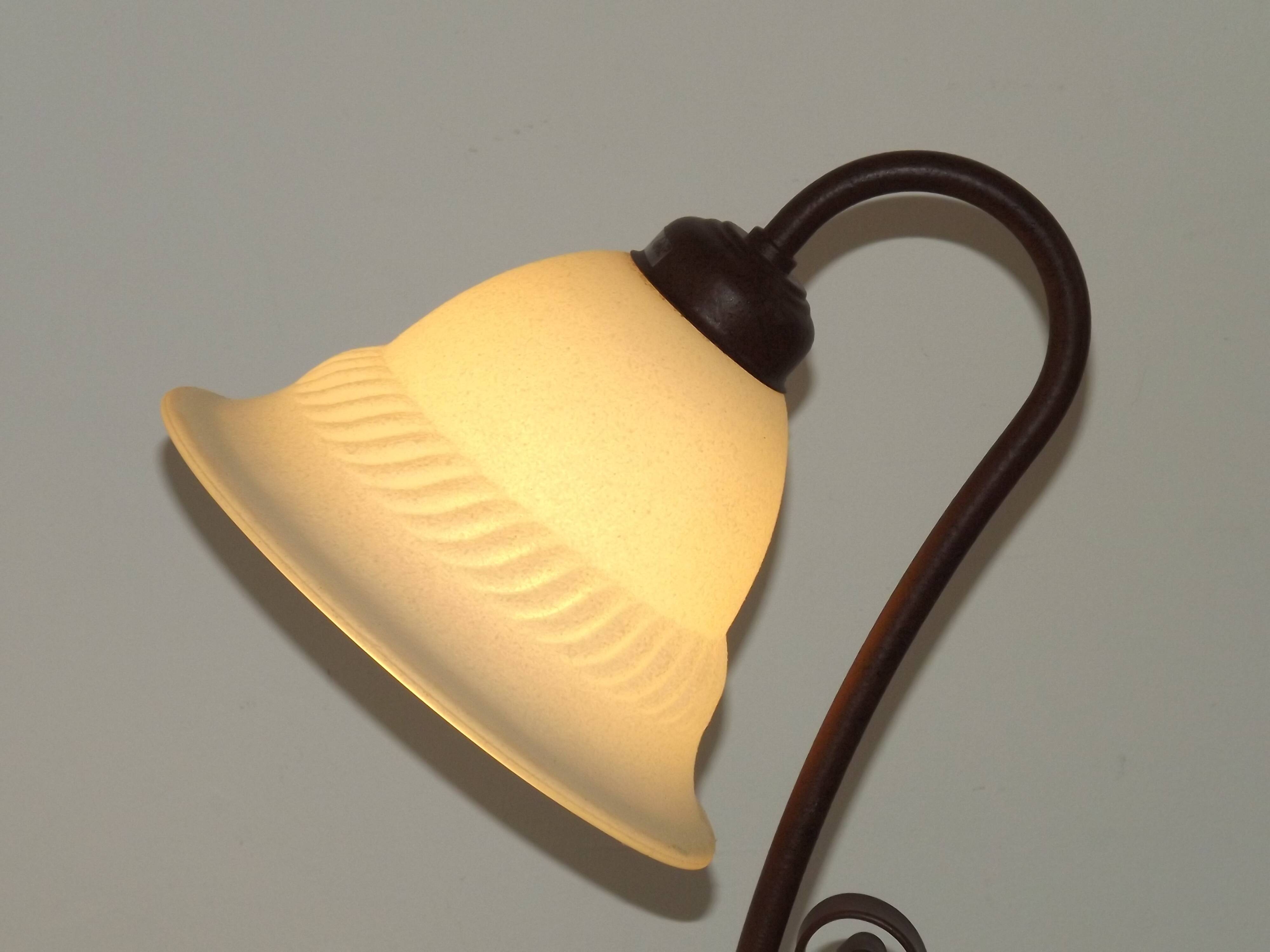 Vintage French Brown Metal Goose Neck Lamp With Textured Glass Shade