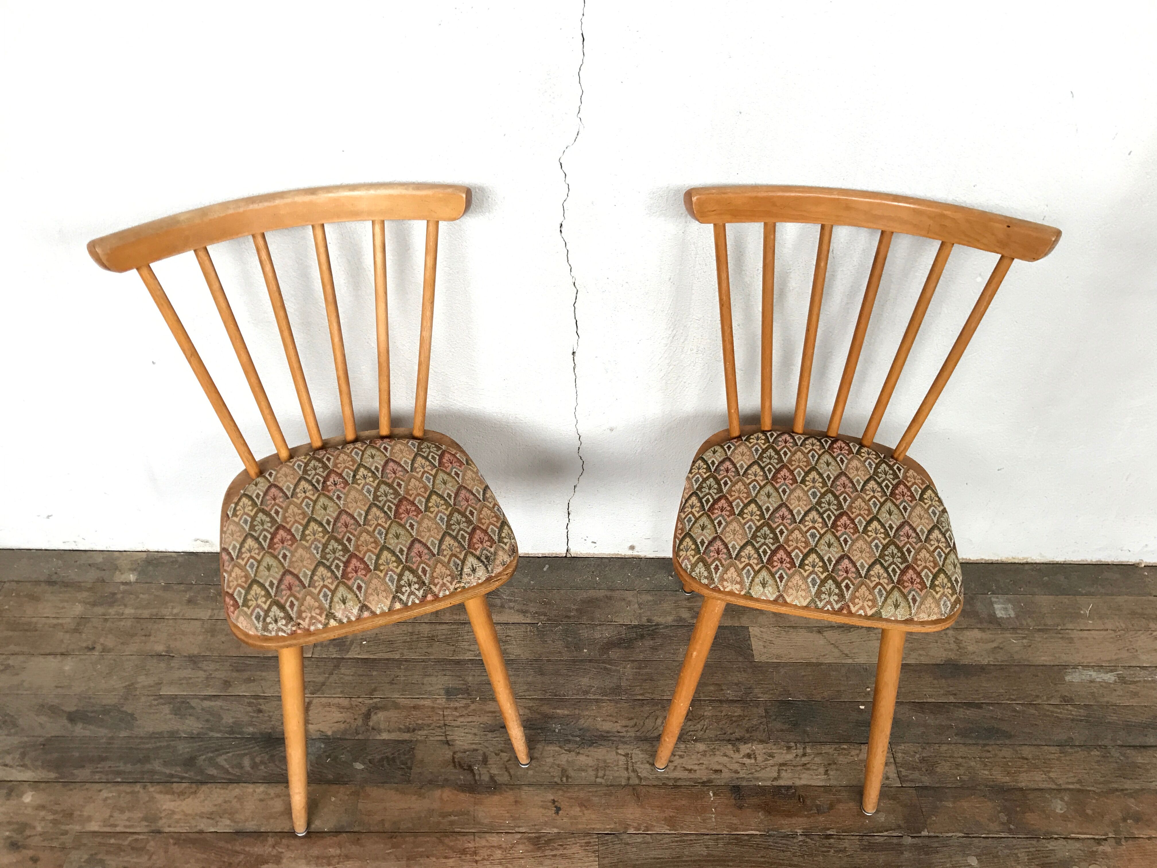 Pair of Scandinavian chair fabric light wood flower feet compasses