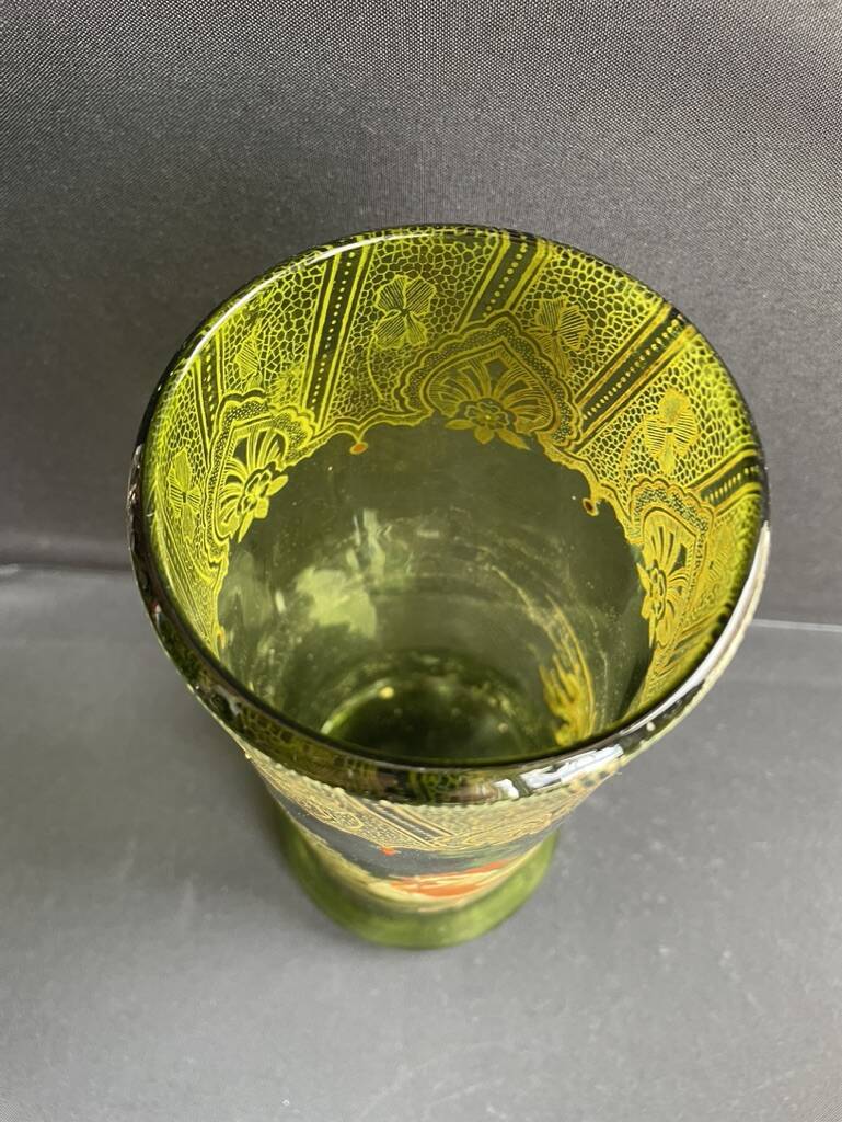 Vase “Nancy with enameled rooster” antique green FT Legras