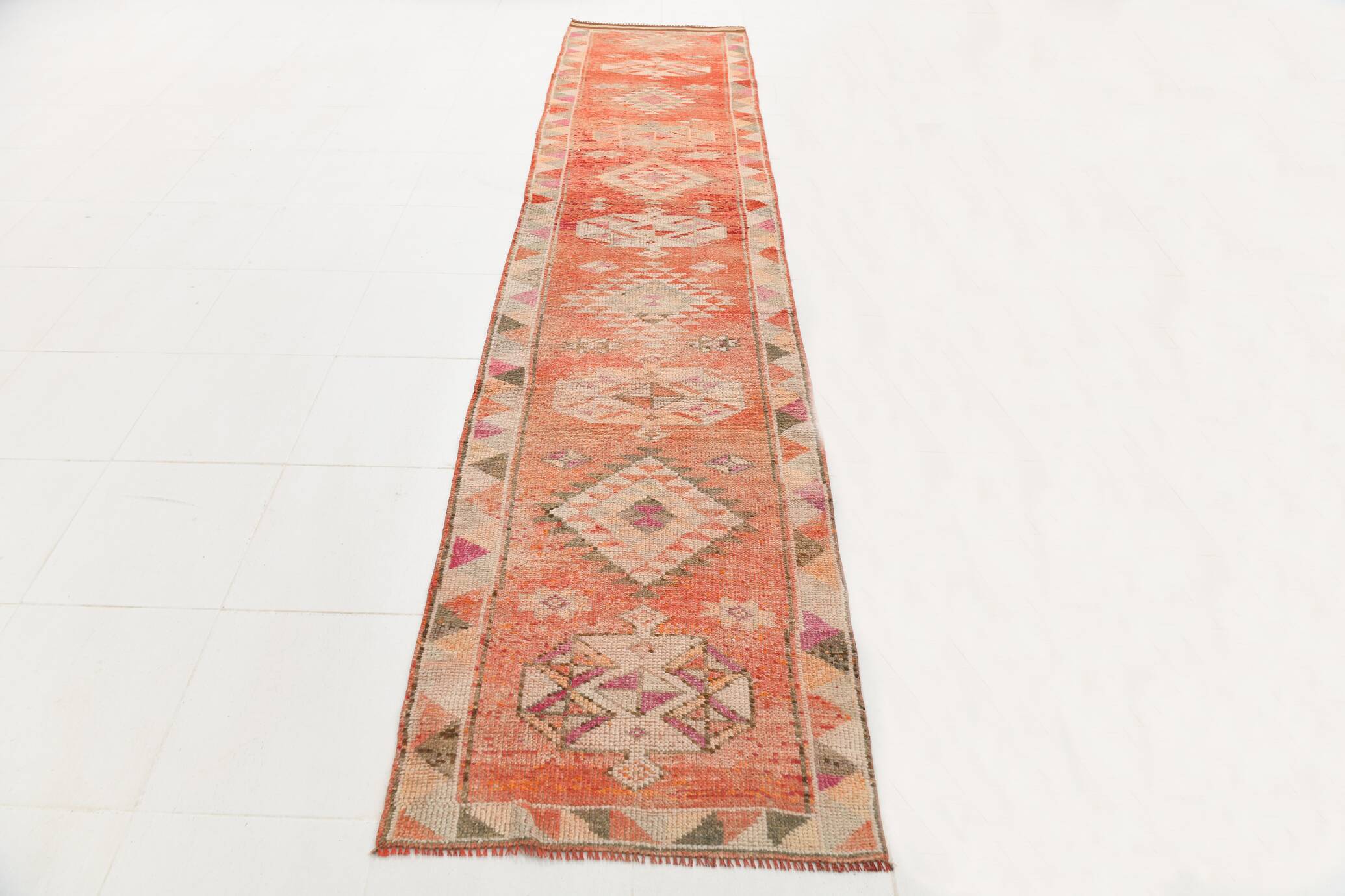 3x13 Faded Somon Distressed Hanmade Rug, Vintage Turkish Runner, 84x390Cm