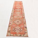 3x13 Faded Somon Distressed Hanmade Rug, Vintage Turkish Runner, 84x390Cm