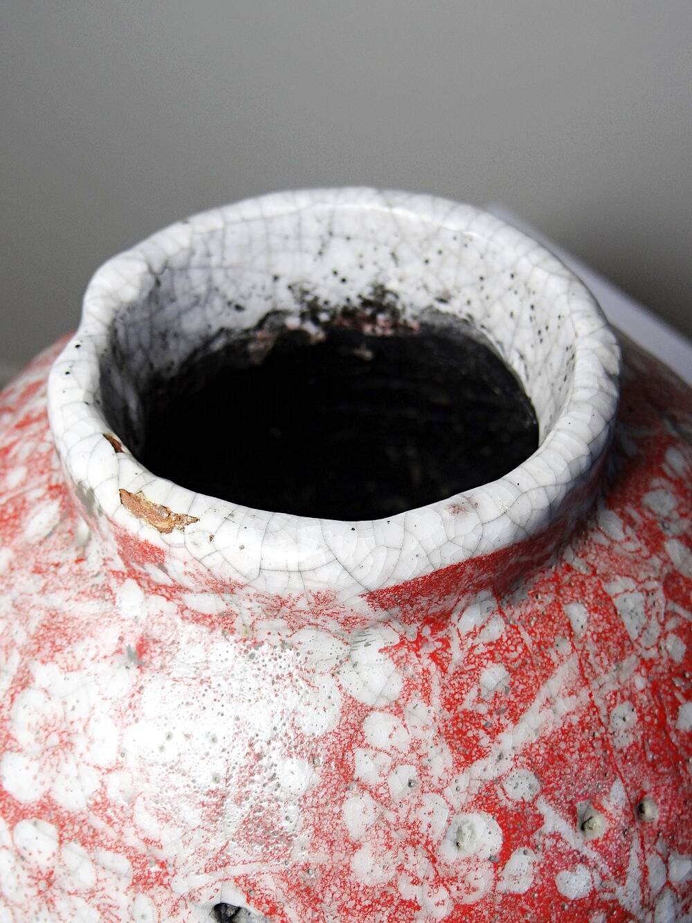Glazed raku ceramic vase decorated with sakura, vintage 1980s-1990s.