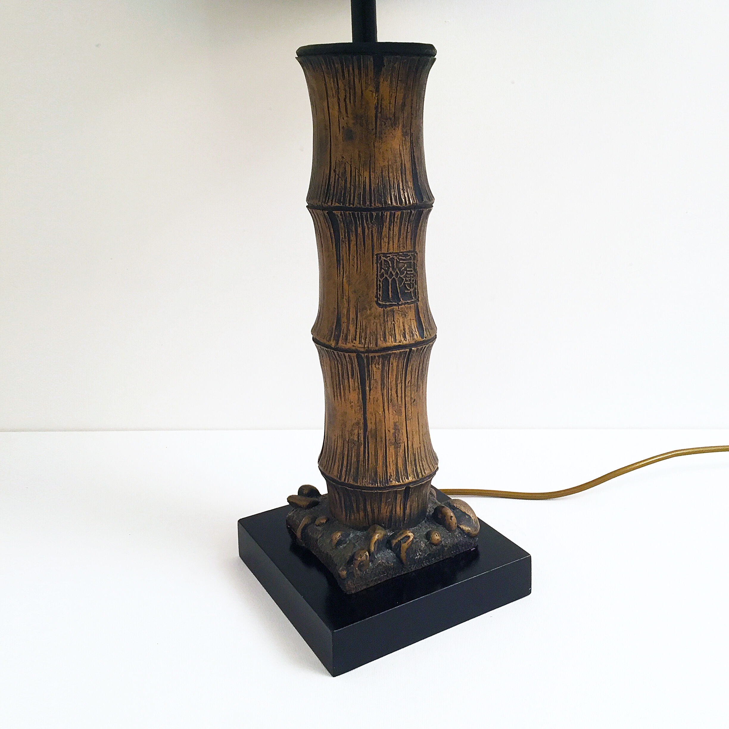 Vintage wood carved faux bamboo table lamp
