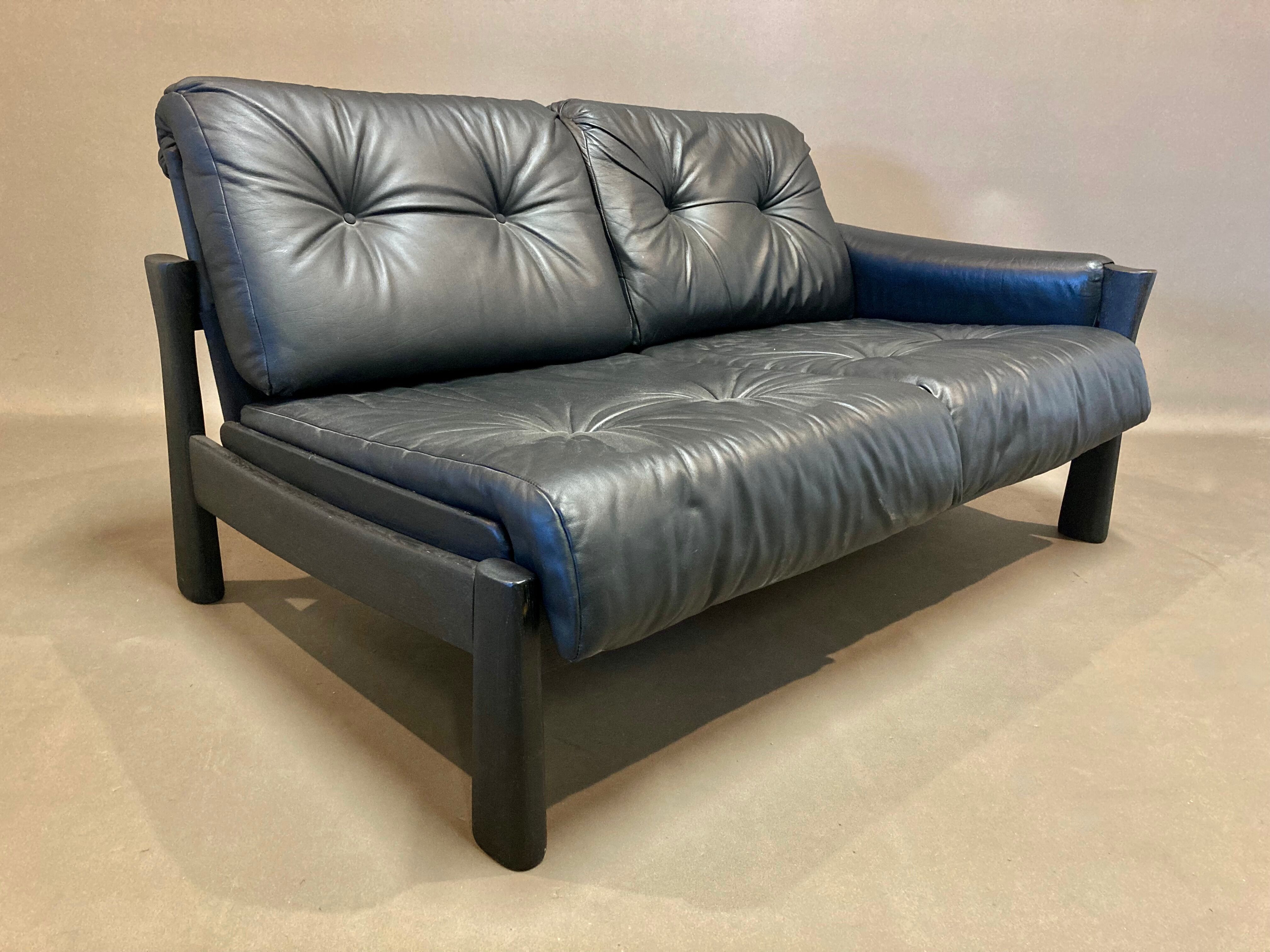 Sofa 5 places modular black leather design 1960