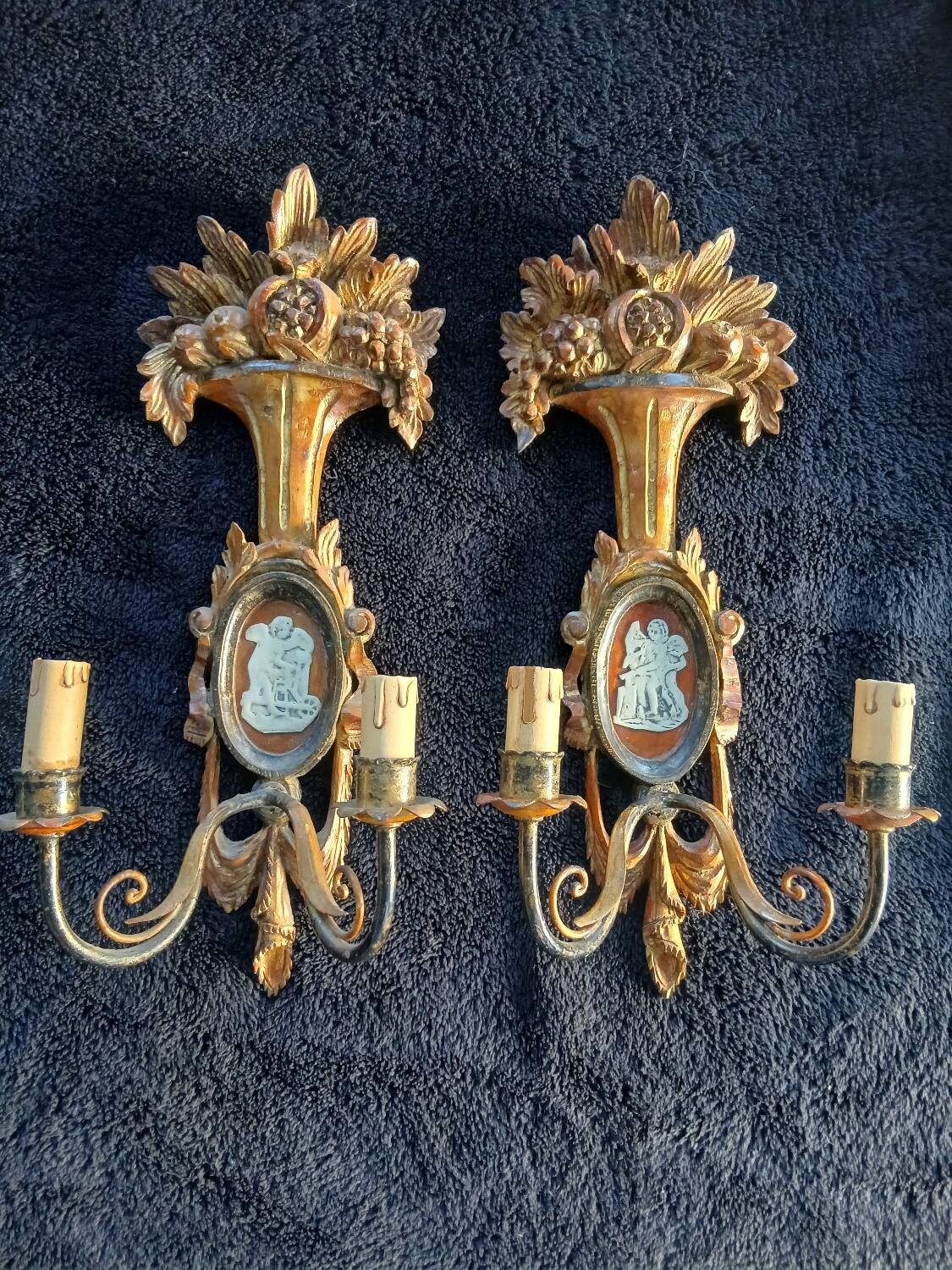 Antique Italian Firenze medallion wooden wall lights