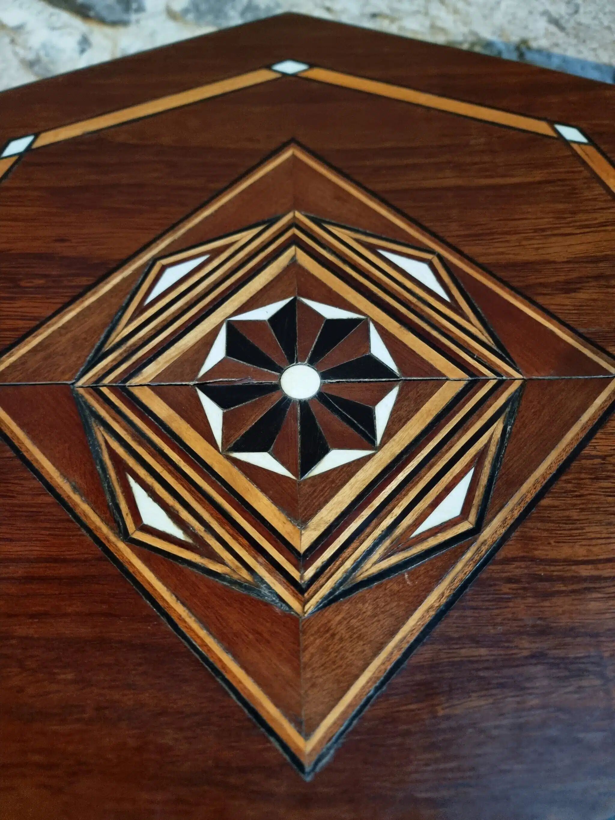 Table d'appoint incrustée, table à couture, bois d'acajou, table de rangement Art déco