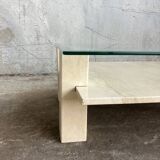 Table basse sculpturale travertin et verre, vintage 1980s