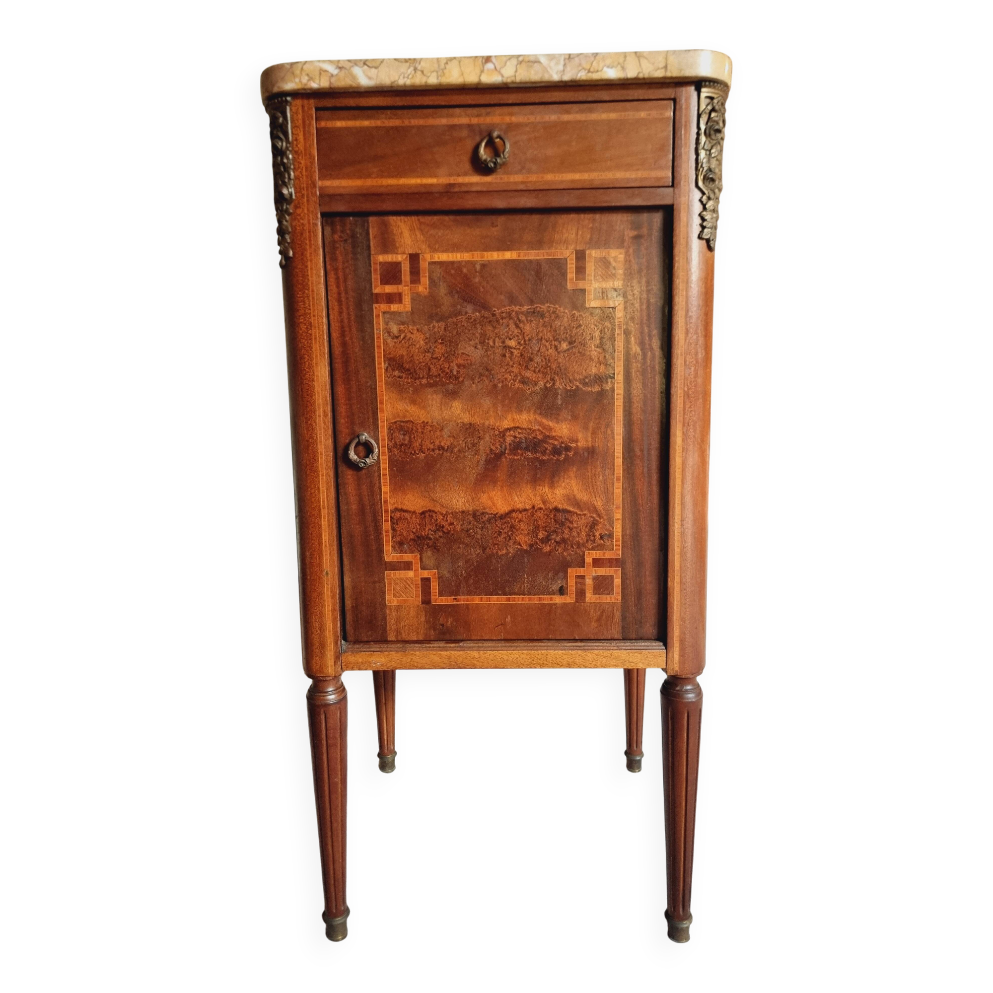 Antique French mahogany and walnut bedside table with marble top