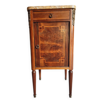 Table de chevet ancienne française en acajou et noyer avec plateau en marbr