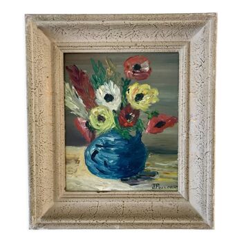 Tableau nature morte bouquet fleurs encadré années 50