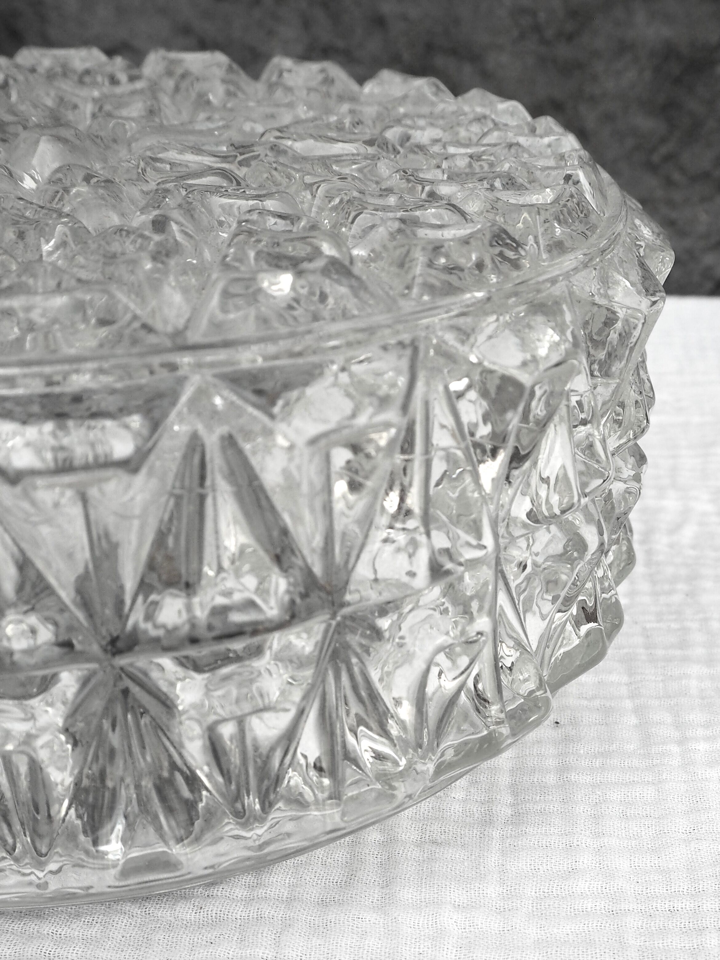 Pair of round ceiling lights in chiseled glass