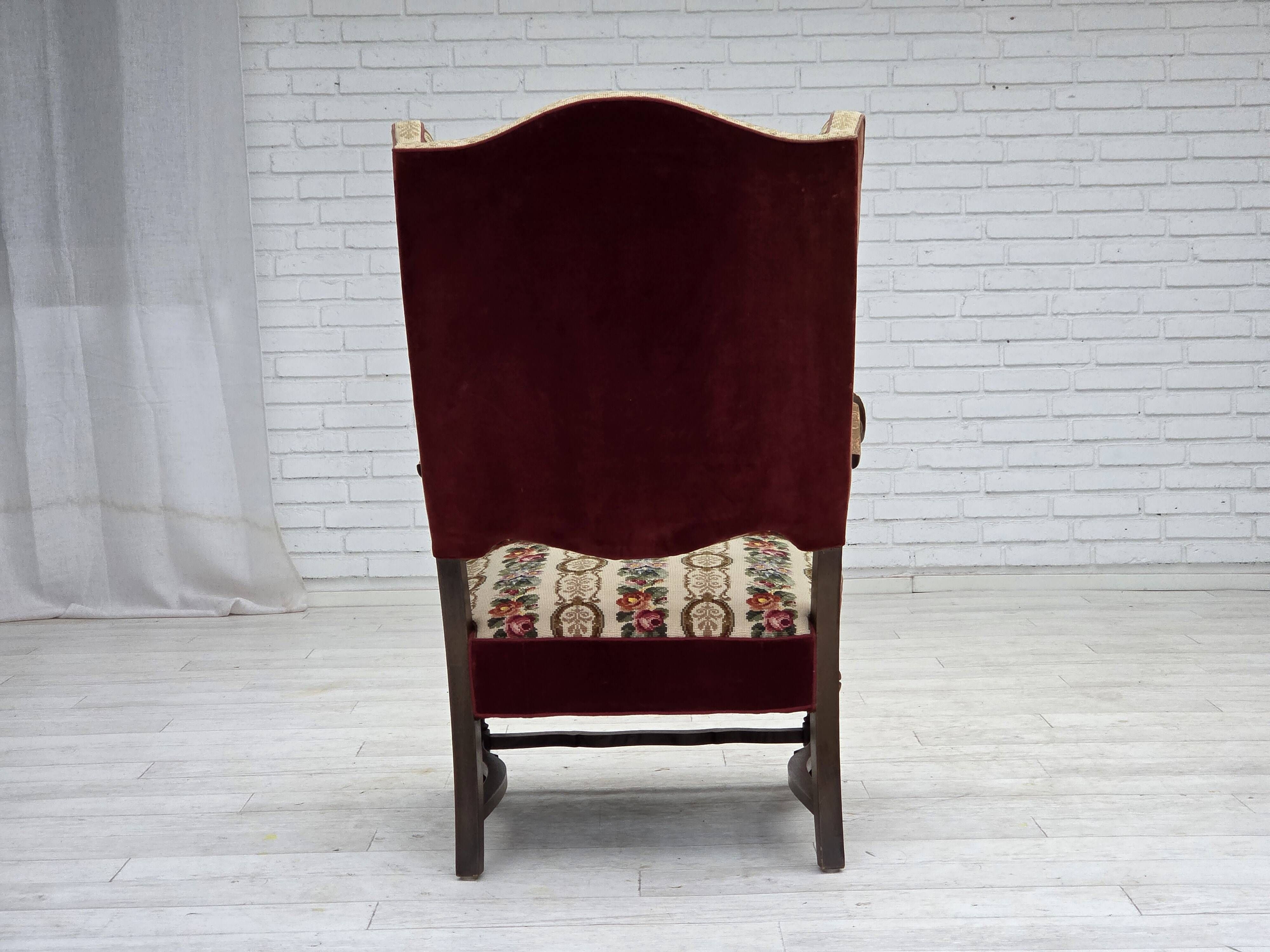 1950s, Danish wingback armchair, wool fabric, red furniture velour.