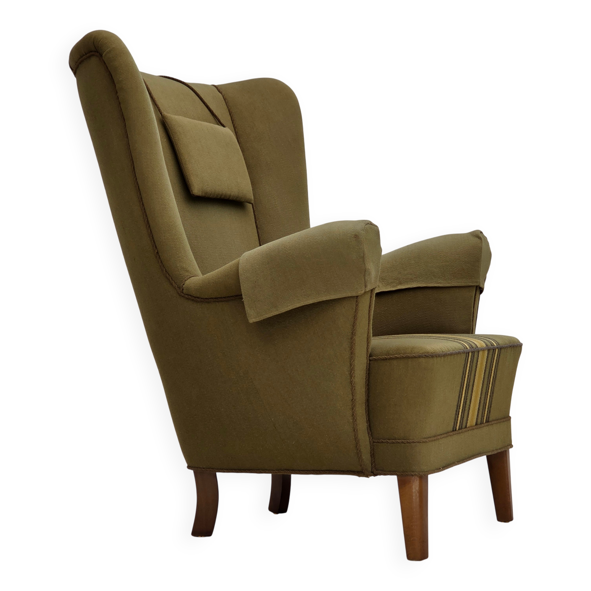 1960s, Danish highback armchair, original green furniture wool.