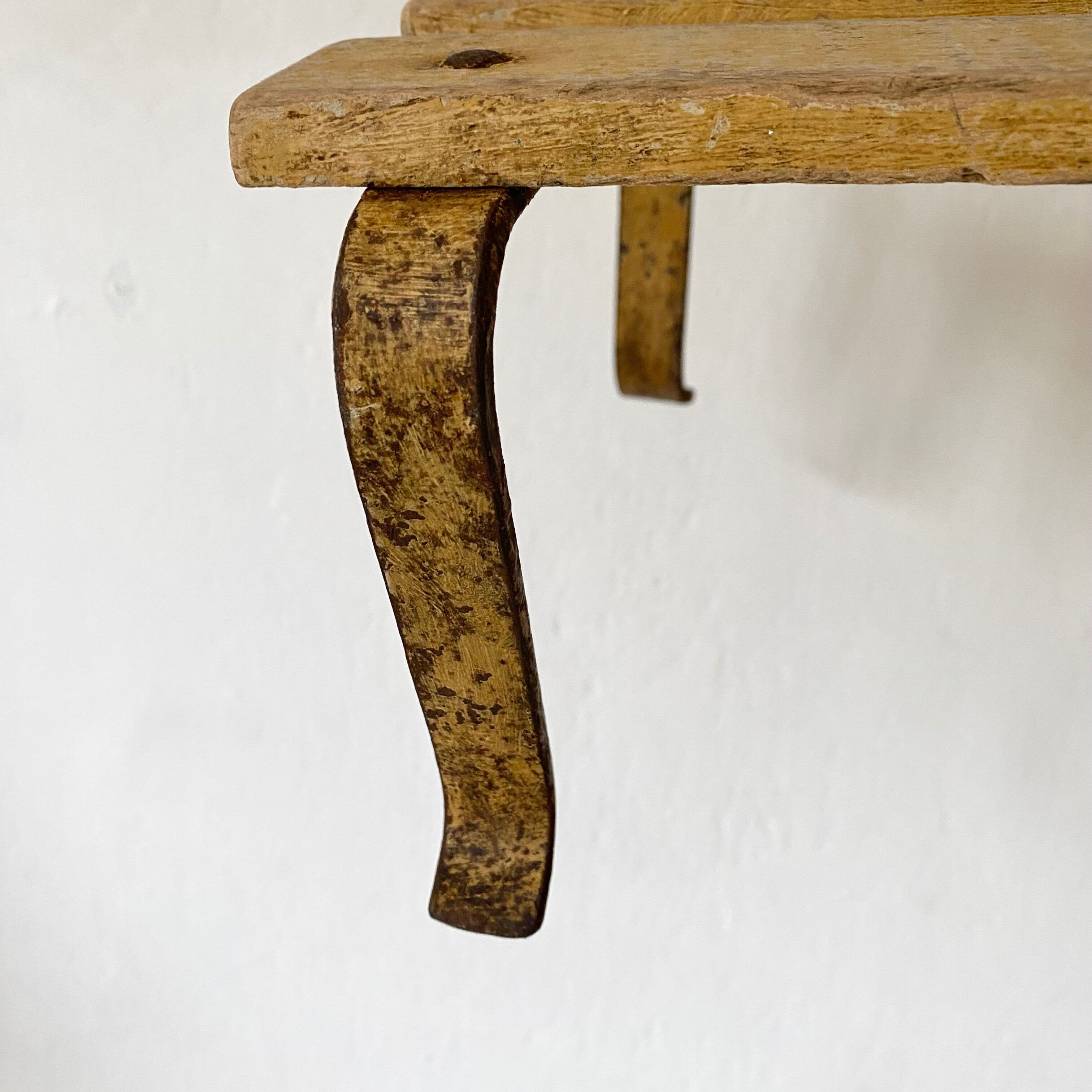 Low stool, wooden and metal plant holder