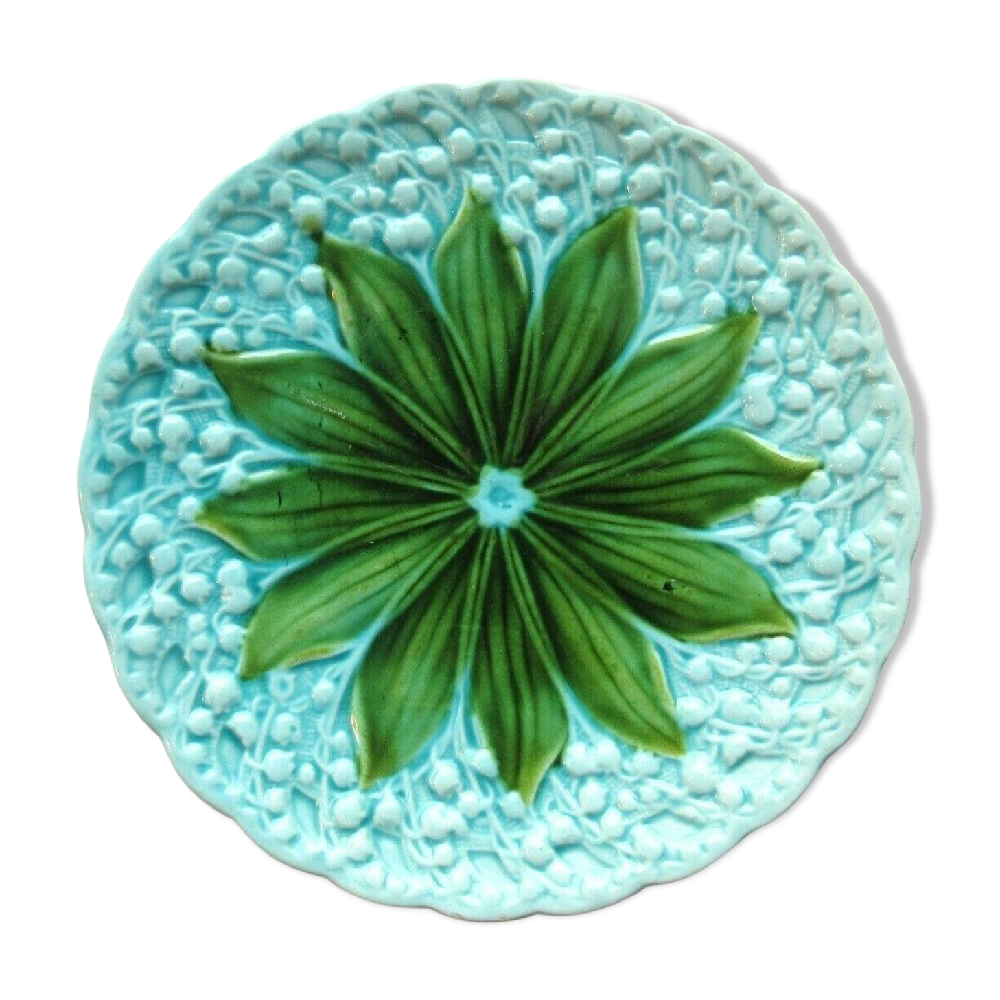Assiette barbotine art nouveau signée SMF Schramberg: Muguet fond bleu, 6 disponibles