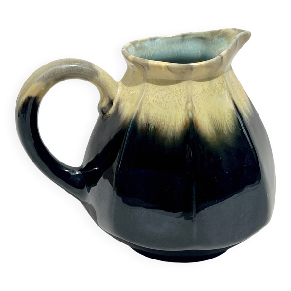 Pichet alpho en grès flammé noir jaune vintage 1930 1940 cruche à eau