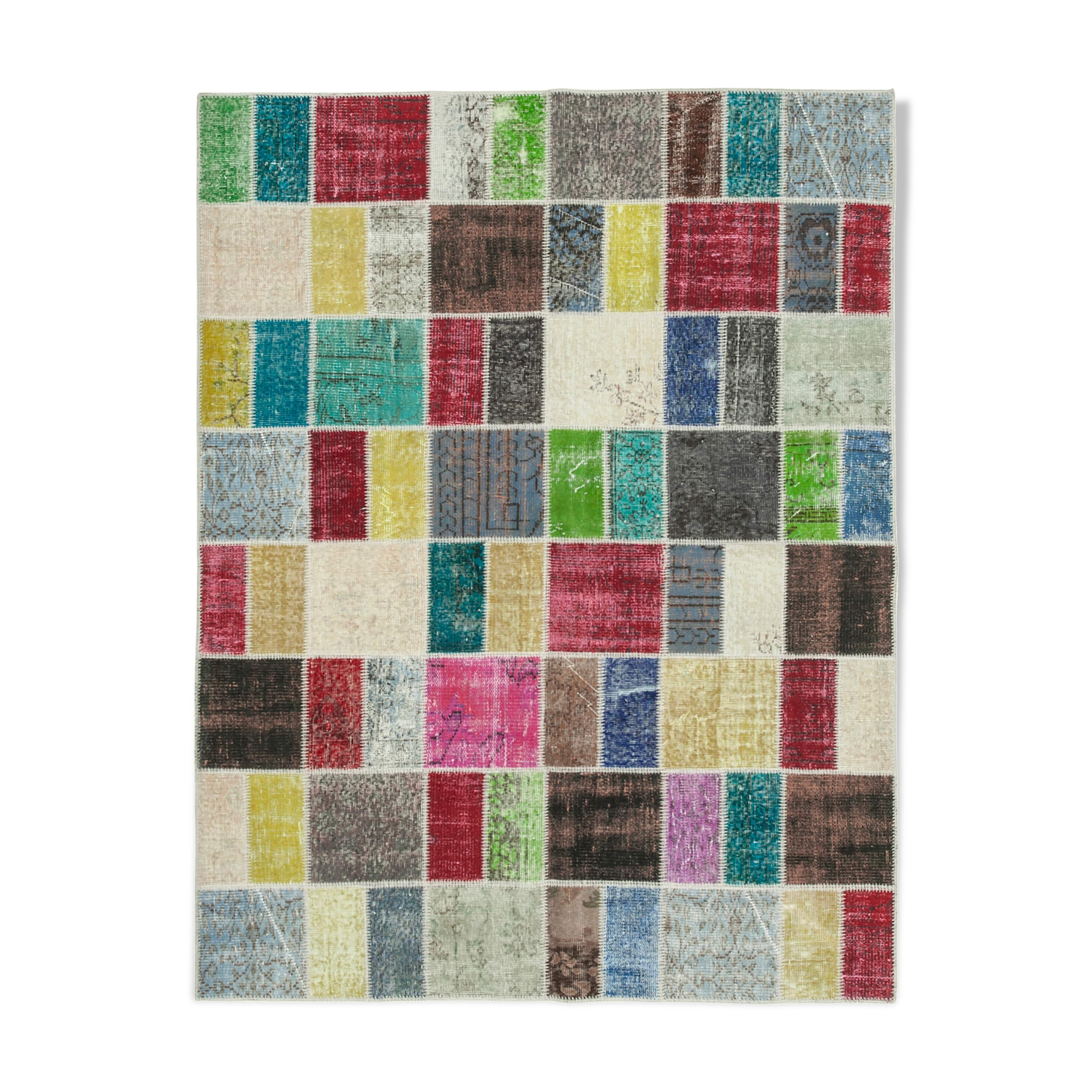 Handwoven oriental overdyed 177 cm x 229 cm multicolor patchwork carpet