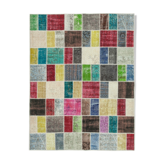 Handwoven oriental overdyed 177 cm x 229 cm multicolor patchwork carpet