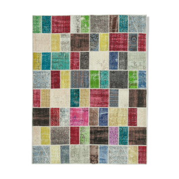 Handwoven oriental overdyed 177 cm x 229 cm multicolor patchwork carpet