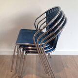 Set of 4 chairs chrome-based perforated metal blue color, around 1980