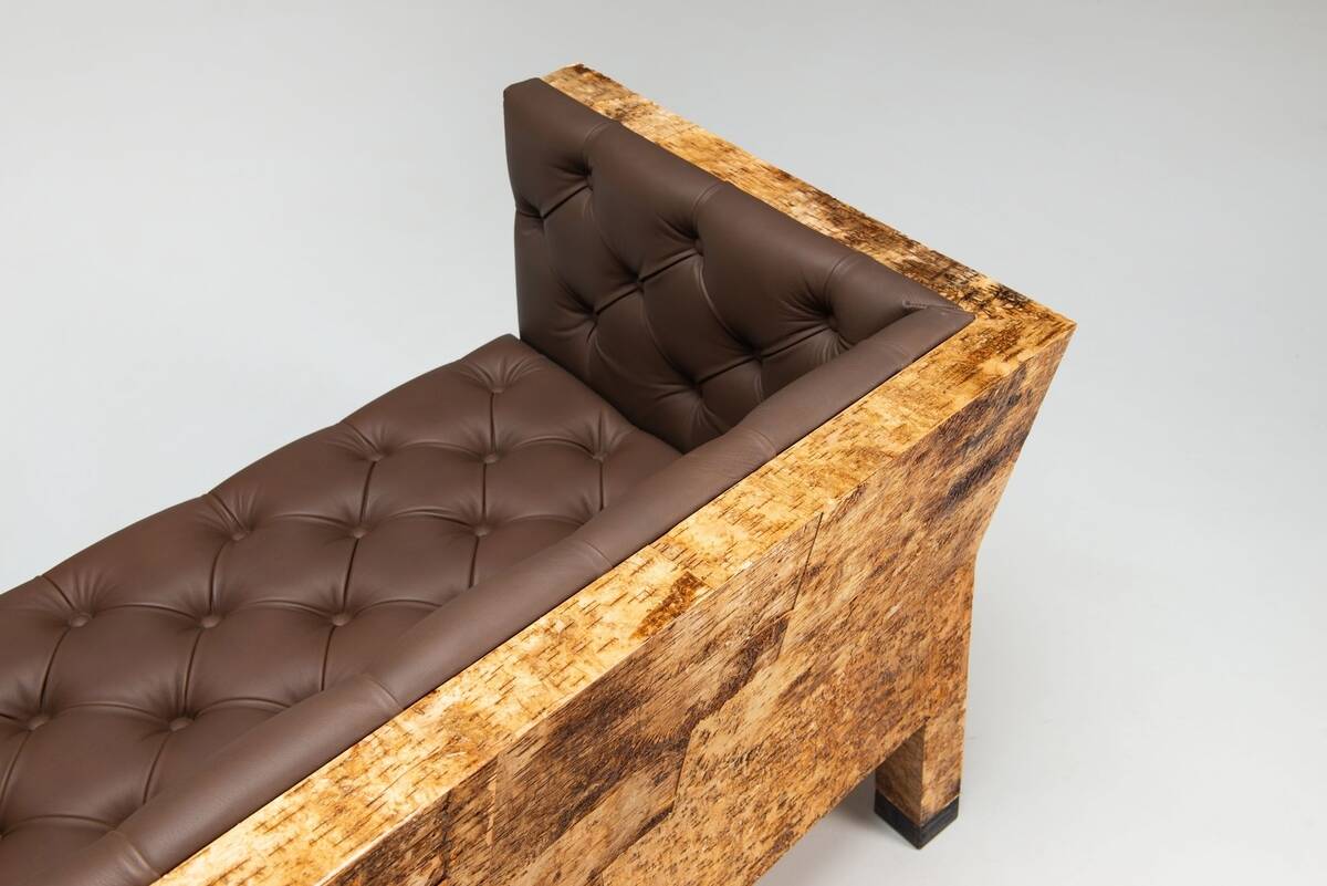 Werner Neumann sculptural birchwood sofa in birch bark and leather, The Netherlands
