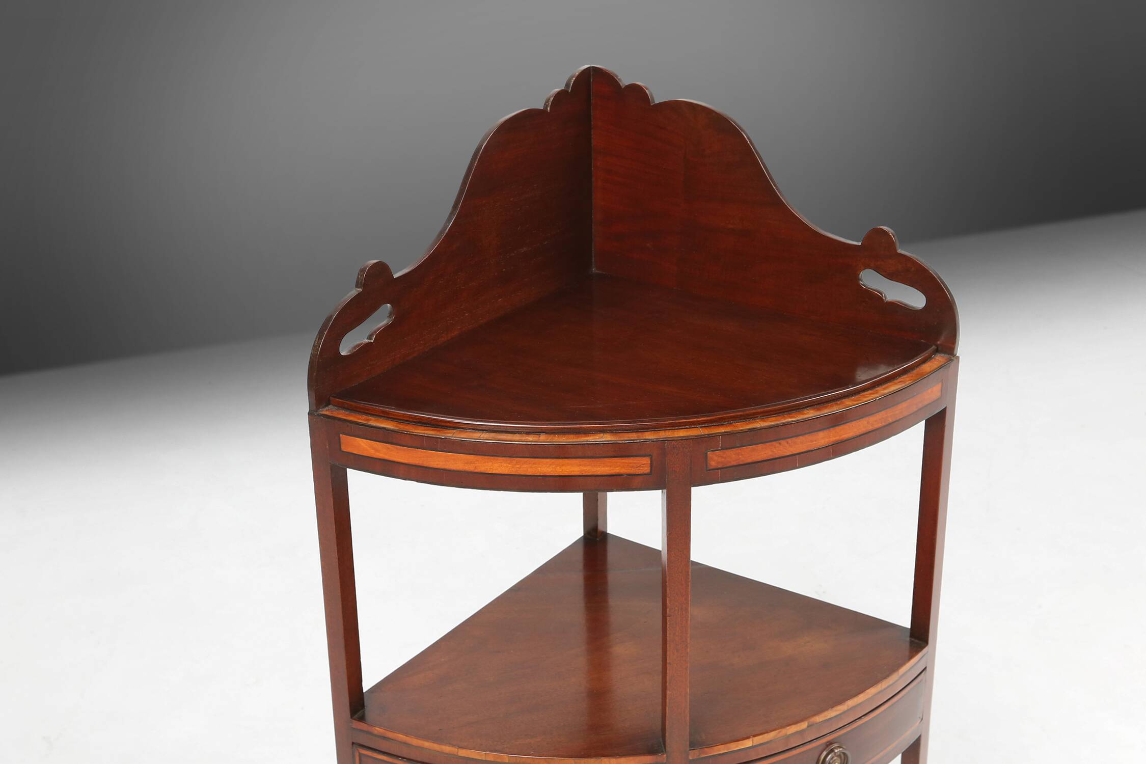 Elegant antique corner cabinet with wood inlay and 2 drawers, France ca. 1850