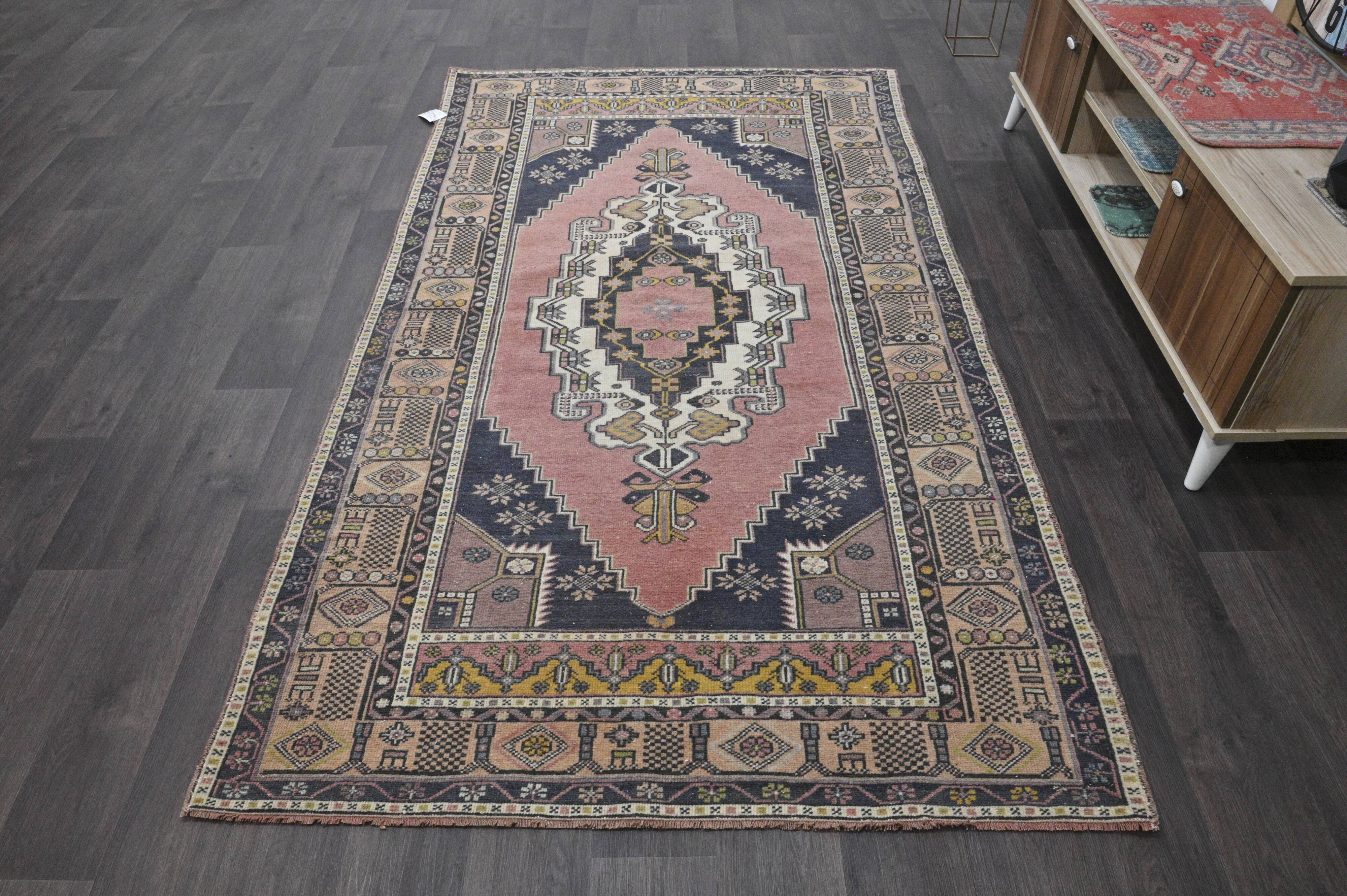 Vintage Turkish rug 134x240 cm, pink and navy blue tones, handmade wool