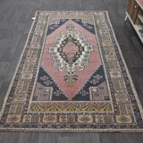 Vintage Turkish rug 134x240 cm, pink and navy blue tones, handmade wool