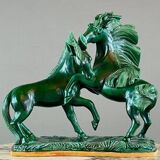 Glazed Ceramic Sculpture, Two Horses, Signed R. Prunet, 20th Century