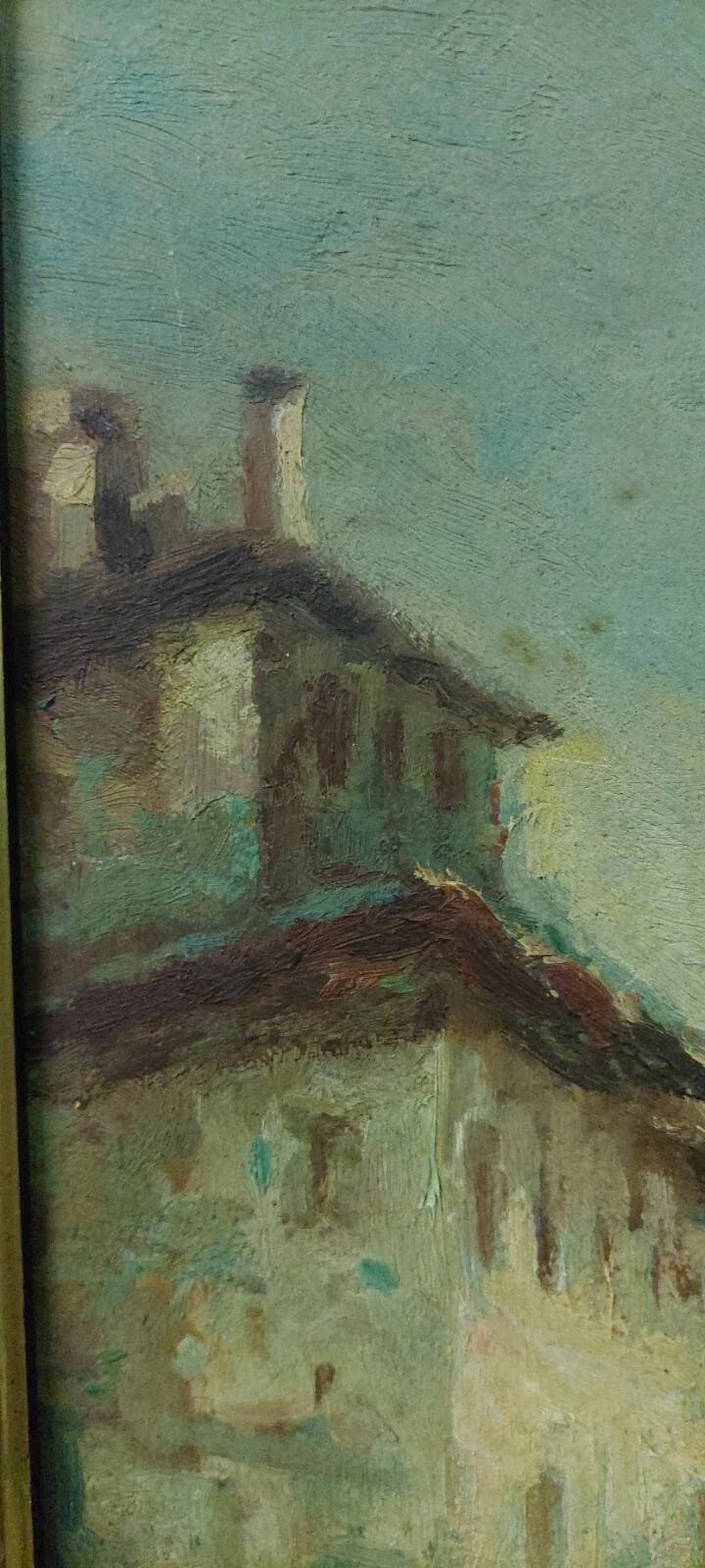 Antique oil painting on faesite early 1900s countryside view