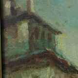 Antique oil painting on faesite early 1900s countryside view
